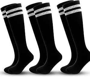 ZXOLDZX 3 Pairs Kids Soccer Socks Striped Knee High Tube Socks Football Uniform Sports Socks for Boys Girls 6-12 Years Old