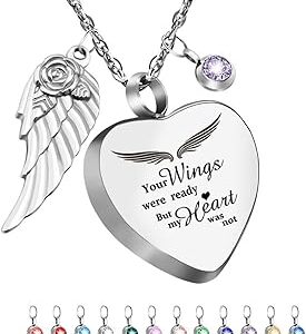 Dletay Heart Urn Necklace for Ashes with 12 Birthstones Cremation Jewelry for Ashes -Your Wings Were Ready My Heart Was Not