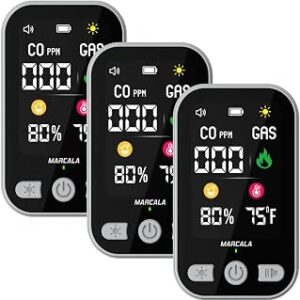 MARCALA 3-Pack Travel Carbon Monoxide Detector | 2026 V2.0 4-in-1 Natural Gas & Carbon Monoxide Detectors Portable | Wall Plug-in with Backup Battery for Power Outages | Temp, Humidity, Gas & CO Alarm