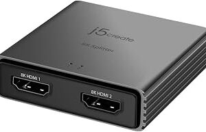 j5create 8K HDMI 2.1 2‑Way Splitter – Mirror One HDMI Source to Two Displays | Supports 8K, 4K, 1440p | HDR10+/Dolby Vision/VRR/FreeSync/G-Sync Compatible | for Game Consoles, PC, Laptop (JDSH812)