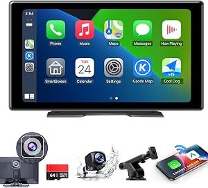 9inch Portable Carplay Screen for Car, Wireless Apple Carplay & Android Auto with 4K Dash Cam,1080p Backup Camera,Car Audio Receivers, GPS Navigation, SuperLink,FM, Music Player
