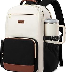 LOVEVOOK Laptop Backpack for Women with Pouch Pocket for Large Capacity Cup,15.6 Inch Laptop Computer Bag Travel Backpack Purse,Waterproof Work Business Backpack College Teacher Bags,Beige-Black-Brown