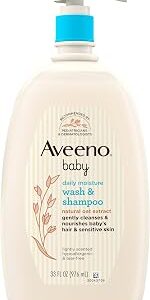 Aveeno Baby Daily Moisture Body Wash & Shampoo with Oat Extract, Hypoallergenic, Tear-Free, No Added Parabens, pH-Balanced Formula For Sensitive Hair & Skin, Baby Essentials, 33 fl oz