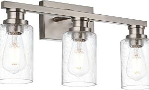 VINLUZ Bathroom Lighting Fixture in Brushed Nickel Finish,3 Light Wall Mounted Light with Seeded Glass Shade Indoor Metal Base Vanity Lights for Porch Workshop