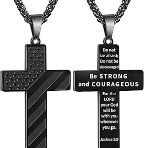 DuoDiner Graduation Christian Gifts-18+2 Inch Cross Necklace Bible Verse Stainless Steel American Flag Pendant Chain for Men Boys Cross Jewelry Gift