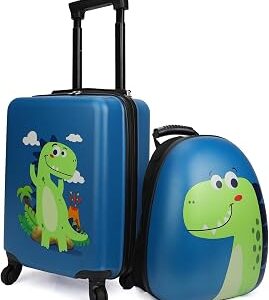 emissary Kids Luggage with Wheels, Hardside Toddler Carry On Suitcase Set, Lightweight Rolling Travel Bag for Boys and Girls, Airline Approved Travel Gifts - Dinosaur