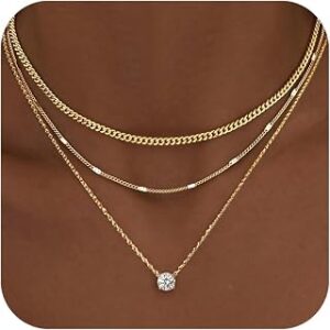 WomenGifts Layered Gold Necklaces for Women, 14K Gold Sterling Silver Plated Dainty Pendant Necklace Set Non Tarnish, Chunky Stackable Cuban Chain Choker, Trendy Personalized Birthstone Jewelry Gift for Mom