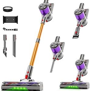 Cordless Stick Vacuum Cleaner, 40Kpa Powerful Suction Vacuum Cleaner with LED Headlight, Detachable Battery, 8-in-1 Lightweight Handheld Vacuums for Pet Hair Carpet and Hardwood Floor, Purple