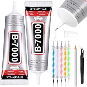 B7000 Adhesive Rhinestones Glue for Crafts, 2PCS 110ml / 3.7 fl oz with 5 Dotting Pen Tool, Wax Pencil and Tweezer, Jewelry Glue for DIY Craft, Makeup, Shoes, Jewelry Making, Nail Art