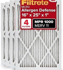 Filtrete 16x25x1 Air Filter MERV 11, MPR 1000 Micro Allergen Defense 4-Pack, AC Furnace HVAC Filters for Home, 3-Month Pleated Electrostatic (Actual Size 15.69 x 24.69 x 0.81 in)