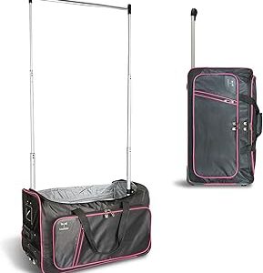 Travolution Dance Bag with Garment Rack, 24 Inch Rolling Duffel With Wheels, Ideal for Competitions & Travel, Easy-assembly Lightweight Aluminum Clothes Rack, Wheeled Upright Luggage, Black/Pink