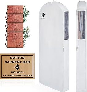 Premium 60” Cotton Garment Bag For Hanging Clothes And Storage | Wide 6” Gusset & 4 Cedar Blocks For Fresh Smell And Clothes Protection | Best For Fur Coats, Long Dresses, Gowns, Tuxedos and more