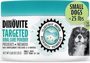 Dinovite Dog Dental Powder, Brush-Free Breath Freshener & Teeth Cleaning Dental Care Powder with Probiotics & Postbiotics, Oral Care Bad Breath Treatment, Small Dogs, Made in USA, 30 Day Supply