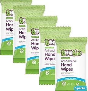 Boogie Antibacterial Hand Wipes by Boogie, Alcohol Free, Hypoallergenic and Moisturizing Aloe, for Kids and Adults -100 Total Wipes (5 Packs of 20)