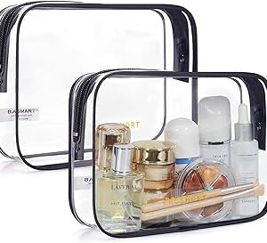 BAGSMART Clear Toiletry Bag, 2 Pack TSA Approved Travel Toiletry Bag Carry on Travel Accessories Bag Airport Airline Quart Size Bags Water Repellent Makeup Cosmetic Bag for Women (Black-2pcs)