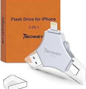 MFi Certified USB 3.0 Flash Drive 128GB for iPhone, 3in1 External Memory Photo Keeper Storage Stick for Picture/Video/Data Saver/Backup, High Speed Thumb/Jump/Hard Drives for iPhone/iPad/Android/PC