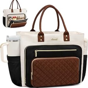 LOVEVOOK Teacher Tote Bag for Women Work, Laptop Bag With Large Cup Holder, Nurse Bags Professional Briefcase Business Computer Purses Bible Handbag Gifts, Black-Beige-Brown, 15.6 Inch