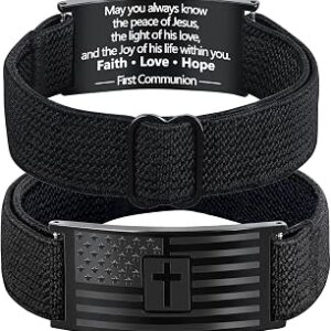 Mens Bracelet - American Flag Christian Cross Bracelet for Boys - Adjustable Black Elastic Stretch Strap with Bible Verse - Gift for Son Grandson