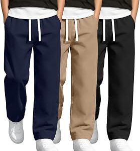 Oakgarden 3 Pack Boys School Uniform Pants Elastic Waist Drawstring Trousers Cotton Casual Straight Leg Pants with Pockets