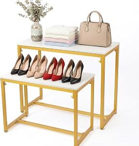 Metal Shoe Handbag Retail Display Racks, Nesting Tables 2 Piece Set, Display Stand for Retail Stores, Iron and Wood, Gold