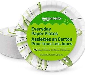Amazon Basics Everyday Disposable Paper Plates, 8.62 Inch, Microwave-Safe, Cut Resistant, Soak-Proof, 100 Count, Packaging May Vary
