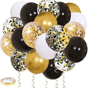 Zesliwy Black Gold Confetti Balloons 50 pack - 12 Inch Gold White and Black Confetti Balloons with Ribbons for Graduation Birthday Wedding Party Decorations