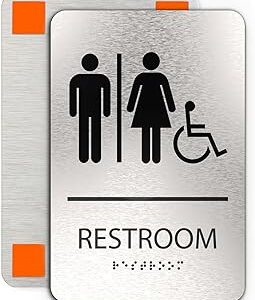 ADASigns Unisex Restroom Sign with Wheelchair Signage – 6 x 9 Durable Brushed Aluminum with Braille and Strong Adhesive Tape Weatherproof ADA Compliant Bathroom Sign for Home, Office & Business