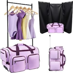 Dance Bag with Garment Rack and Curtain, 23'' Dance Competition Bag with Garment Rack & Wheels, Rolling Dance Bag for Girls, Suitcase for Dancer Cheerleader Little Princess(Purple)
