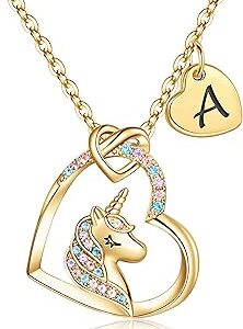 Hidepoo Unicorn Gifts for Kids Girls - Unicorn Necklaces for Girls Kid, Colorful CZ Heart Pendant Initial Unicorns Necklaces for Girl Kids Jewelry Birthday Gifts for Girl Kid