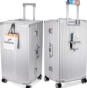 feilario 30in Super Large Captain Aluminum Frame Hardside Spinner Wheels Luggage, Removable Wheels Zipperless Checked Suitcase with Cup Holder/Phone Holder (Silver,30in)