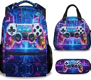 Boys Gaming Backpack for Kids Bookbag Set with Game Controller - 17 Inch Large Capacity Schoolbag and Pencil Case Bundle for Child Youth Game Lovers