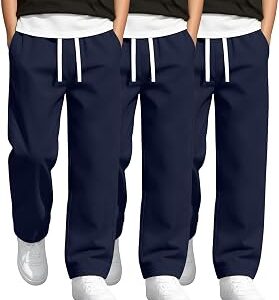 Oakgarden 3 Pack Boys School Uniform Pants Elastic Waist Drawstring Trousers Cotton Casual Straight Leg Pants with Pockets