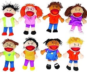 Fun Express Hand Puppets for Kids - 8 Multicultural Plush Puppets with Movable Mouths for Speech Therapy, Social Emotional Learning & Dramatic Play | 14 Inch Educational Toys for Classroom & Home Use