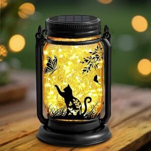 Cat Lover Gifts for Mom, Grandma,Women Mothers Day Birthday, Cat Solar Lanterns Butterfly Vintage Glass Hanging Mason Jar, Waterproof Fairy Garden Lights for Patio Yard Lawn Tree Decor