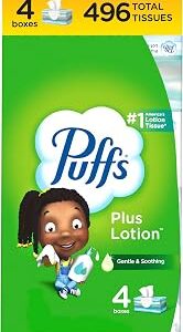 Puffs Plus Lotion Facial Tissues, 4 Family Boxes, 124 tissues per Box, Allergies and Colds