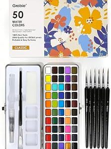 Grabie 50 Colors Watercolor Paint Set, Detail Paint Brush Included, Watercolor Paints, Painting Sets, Art Supplies for Painting, Travel Watercolor Set, Amateur Hobbyists