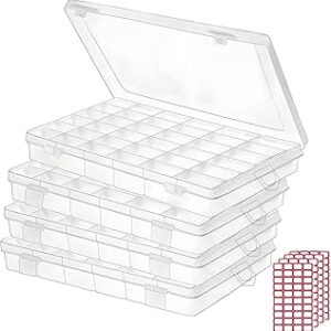Budreu 4pack 36 Grids Plastic Clear Organizer Box Bead Storage Containers with Adjustable Dividers for Craft Jewelry Fishing Tackles Parts Storage with 4 Sheets Label Stickers