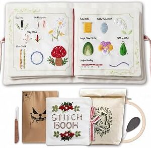 TenDawn Beginner Embroidery Stitch Book with Fabric Pages, 32 Essential Stitches in Structured Learning Order for Adults, DIY Sewing Kit with Floral Motifs, Practice Patterns