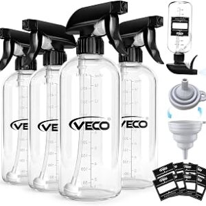 Veco 500mL (17oz) Graduated Spray Bottles, 4-Pack — 360° Any-Angle Spraying for Easy Dilution, Leak-Resistant spray bottles for Cleaning, Plants, Hair & Pet Use + Foldable Funnel