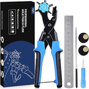 Diyife Professional Leather Hole Puncher, Full Set Punch Tool Kits for Belt, Watch Band, Shoe, Crafting, Handbag Straps, Fabric, with Extra Punch Plates and Ruler, Multi Hole Sizes Make - Blue