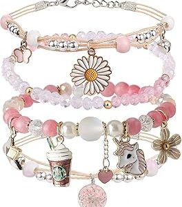 DS 4PCS Beaded Charm Bracelets for Teen Girls Dainty cute cartoon Crystal Beads Pearl Bracelets anklets set for woman and girls Adjustable Stretch bracelet birthday Gift For Friends