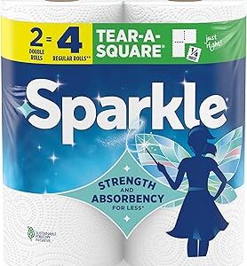 Sparkle Tear-A-Square Paper Towels, 2 Double Rolls (220 Sheets Total) - Strong 2-Ply Towels for Kitchen Cleanup and Everyday Messes