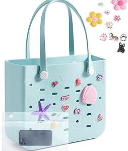 BAGSMART Beach Bag for Women, Water-resistant Rubber Tote Bag, Sandproof Vacation Essentials for Summer Swim Cruise Pool