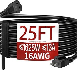 Skrizcable 16/3 25 FT Outdoor Extension Cord Waterproof, Weatherproof & Flame Retardant Black 3 Prong Power Cord Outside for Lawn & Garden, 13 Amps 1625 Watts 125 VAC 16AWG SJTW, ETL Listed