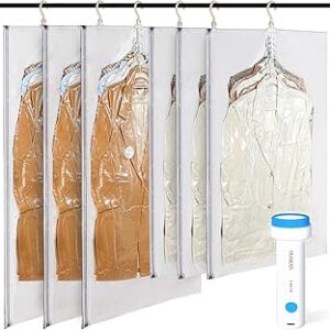 Hanging Vacuum Storage Bags with Electric Pump – 6 Pack (3 Long, 3 Short) Hanging Vacuum Seal Bags for Clothing, Closet Organizer Space Saver for Suits, Jackets & Coats