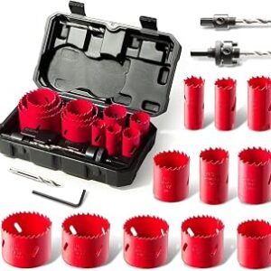 Bi-Metal Hole Saw Kit, HYCHIKA 17 Pcs High Speed Steel 3/4 to 2-1/2 Hole Saw Set in Case with Mandrels, Hole Saw Bit for Metal, Drilling PVC Board,and Plastic Plate