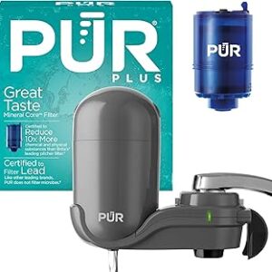 PUR Plus Vertical Faucet-Mount Water Filtration System, Lead-Reducing Filter, Easy Installation, 100-Gallon Capacity, Compatible with External Aerators, Grey