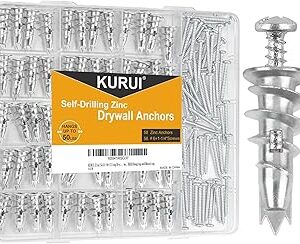 KURUI Metal Self Drilling Drywall Anchors, 116PCs Shatter-Resistant Wall Anchors and Screws Kit, 58 Heavy Duty Sheetrock Anchors + 58#6 x 1-1/4'' Screws, Zinc Hollow Dry Wall Anchors 50LB Hanging