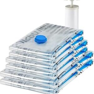 Amazon Basics Vacuum Storage Bags for Clothing, Multiple Sizes Compression Zipper Bags with Hand Pump for Space Saving and Travel, 6-Pack (2 Medium, 2 Large, 2 Jumbo), Transparent