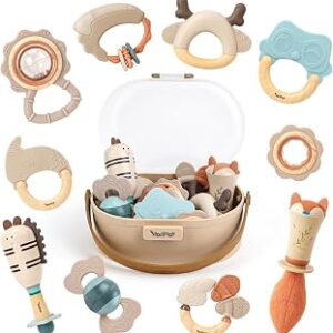 Baby Rattles & Teethers Set – Baby Toys 0-6 Months, Teething Toys 3-6 Months, Sensory Toys with Soft Textures, Gentle Sounds & Easy-Grip Shape, Neutral Newborn Gift（10-Pack）